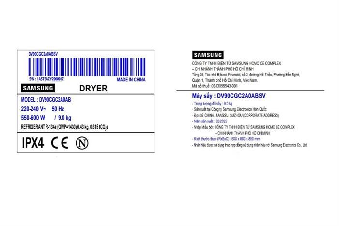 Máy sấy bơm nhiệt Samsung 9 kg DV90CGC2A0ABSV